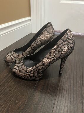 le chateau Black Lace Peep-Toe Stiletto Heels
